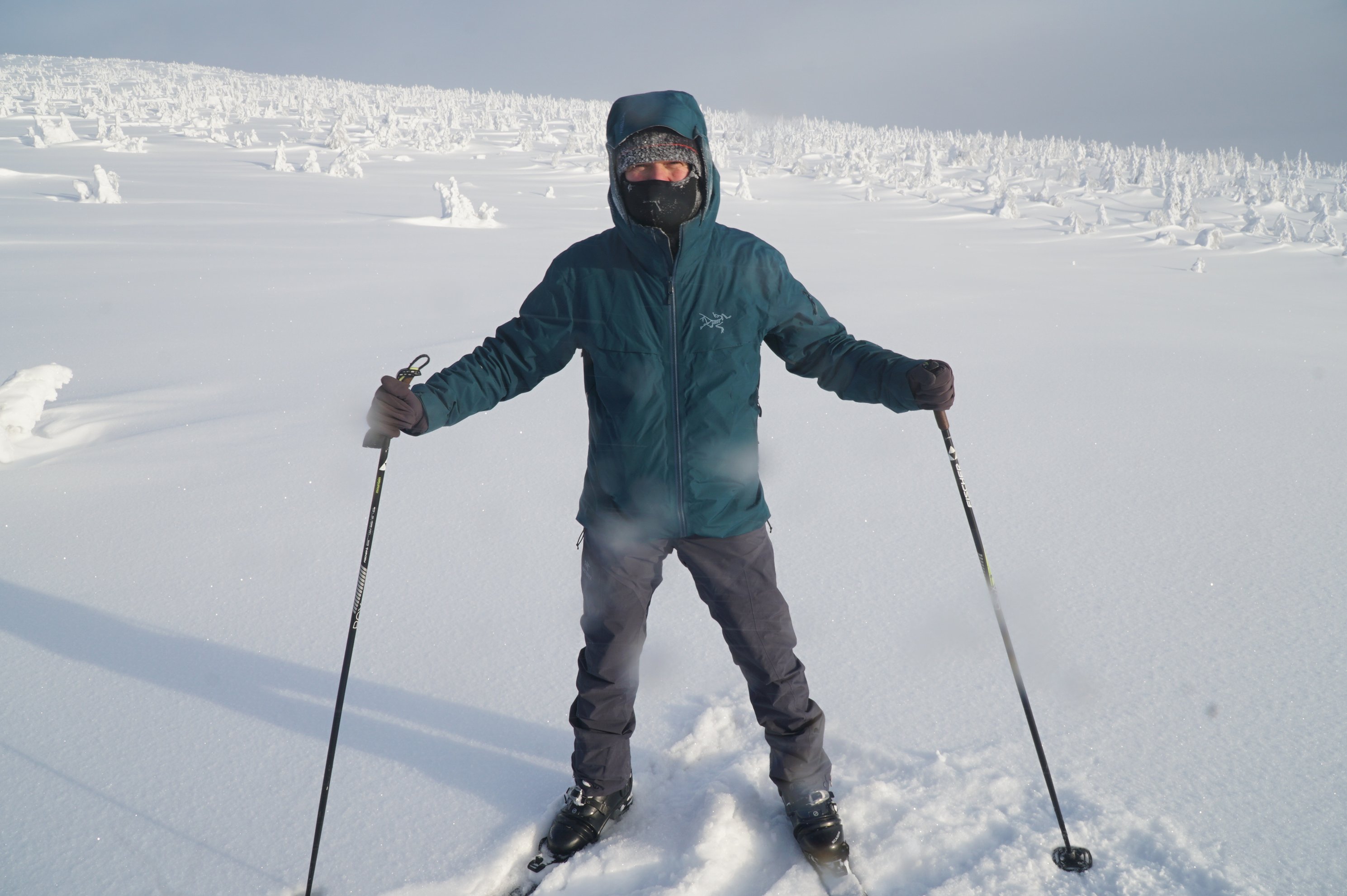 person skiing in a snowy field with poles