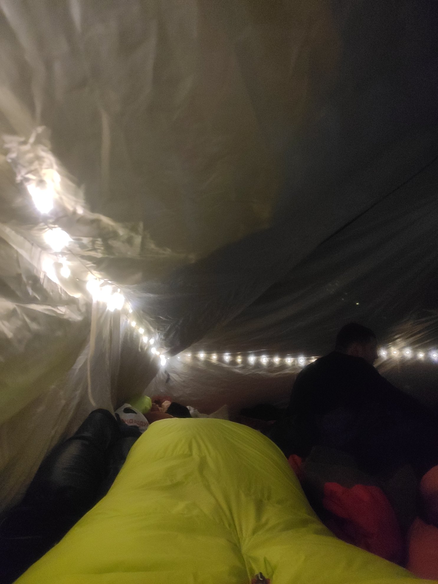 interior view of a tent with string lights and sleeping bags