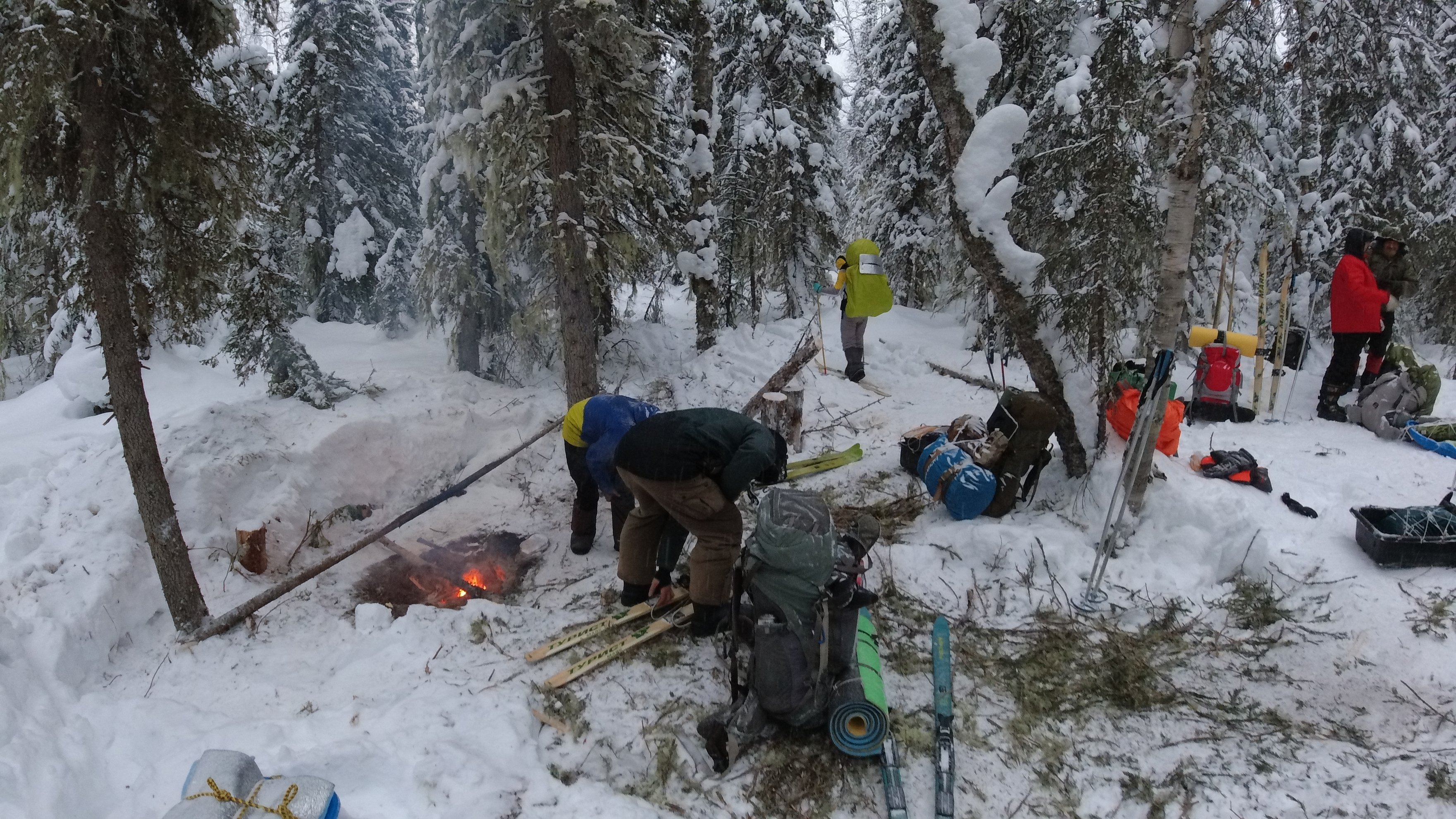 preparing a campfire and organizing gear in a snowy forest