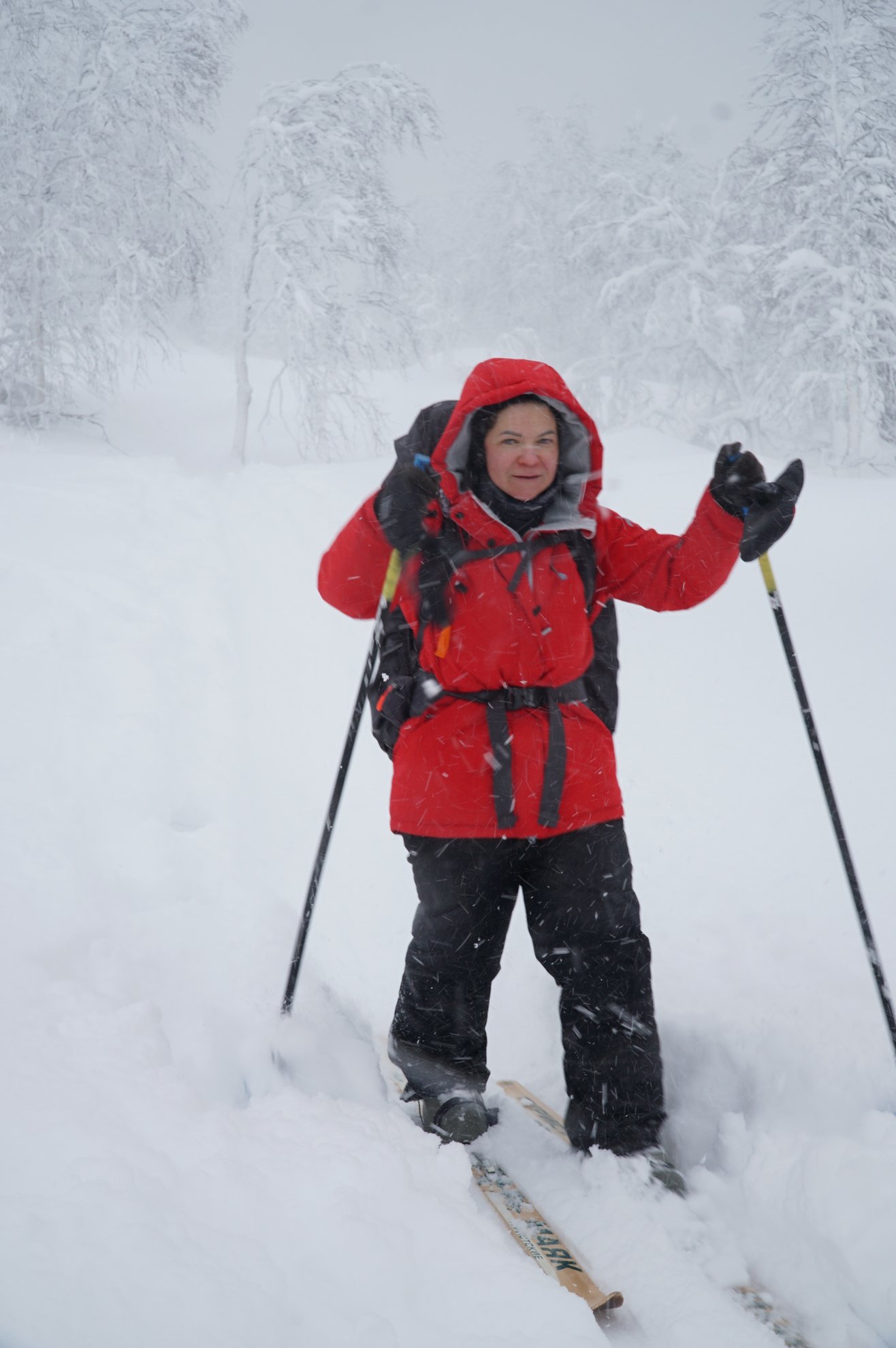 person in red jacket skiing through deep snow