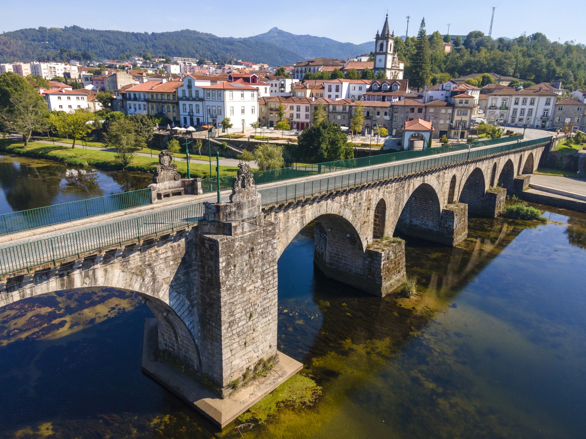 Aerial view of stone bridge and town in Ponte da Barca