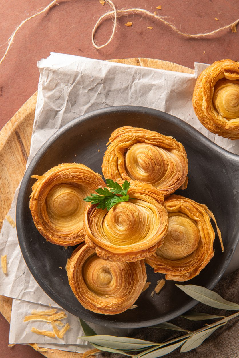 Top down view of pastries in a black pan