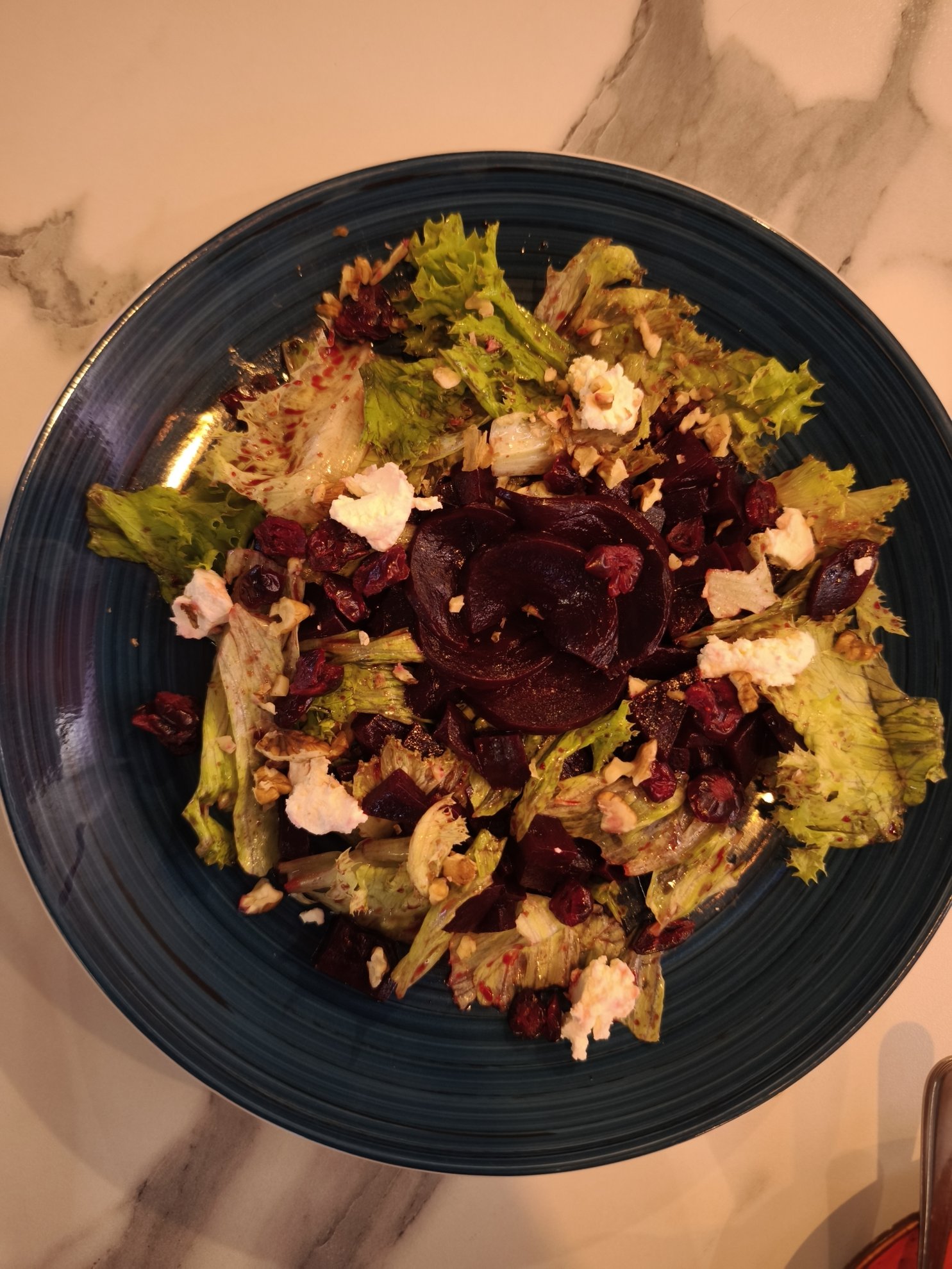 overhead view of a beet and feta salad