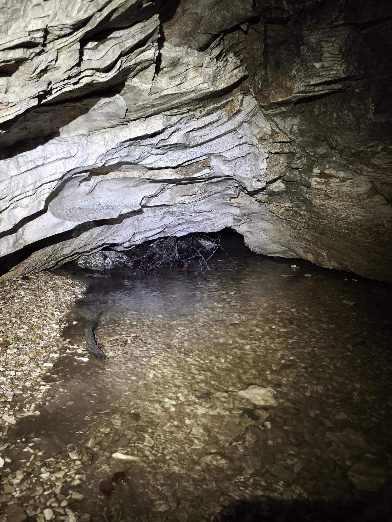 The end of the cave with water and rocky ceiling