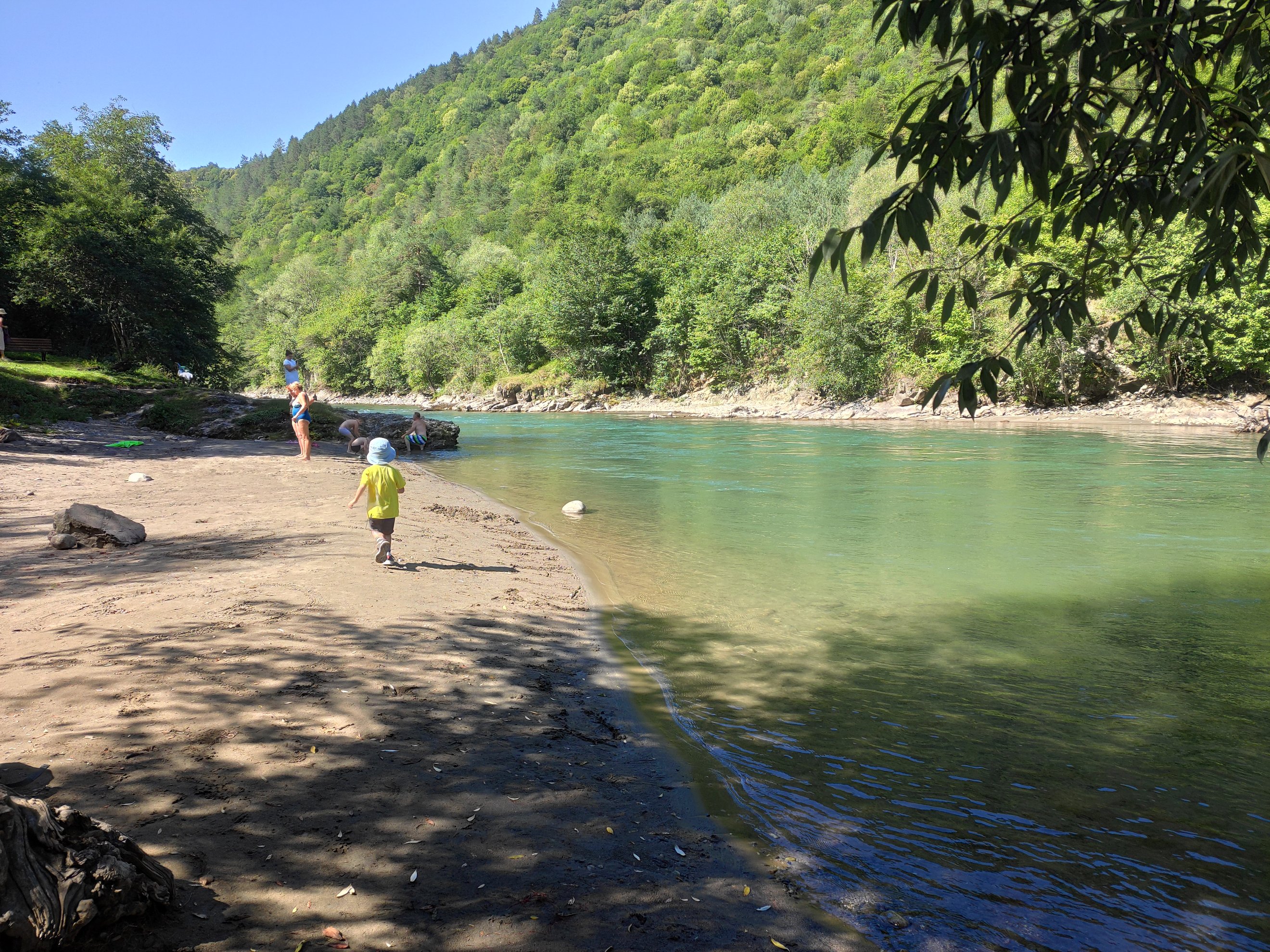 Sandy shoreline meeting the river with forested hills in background