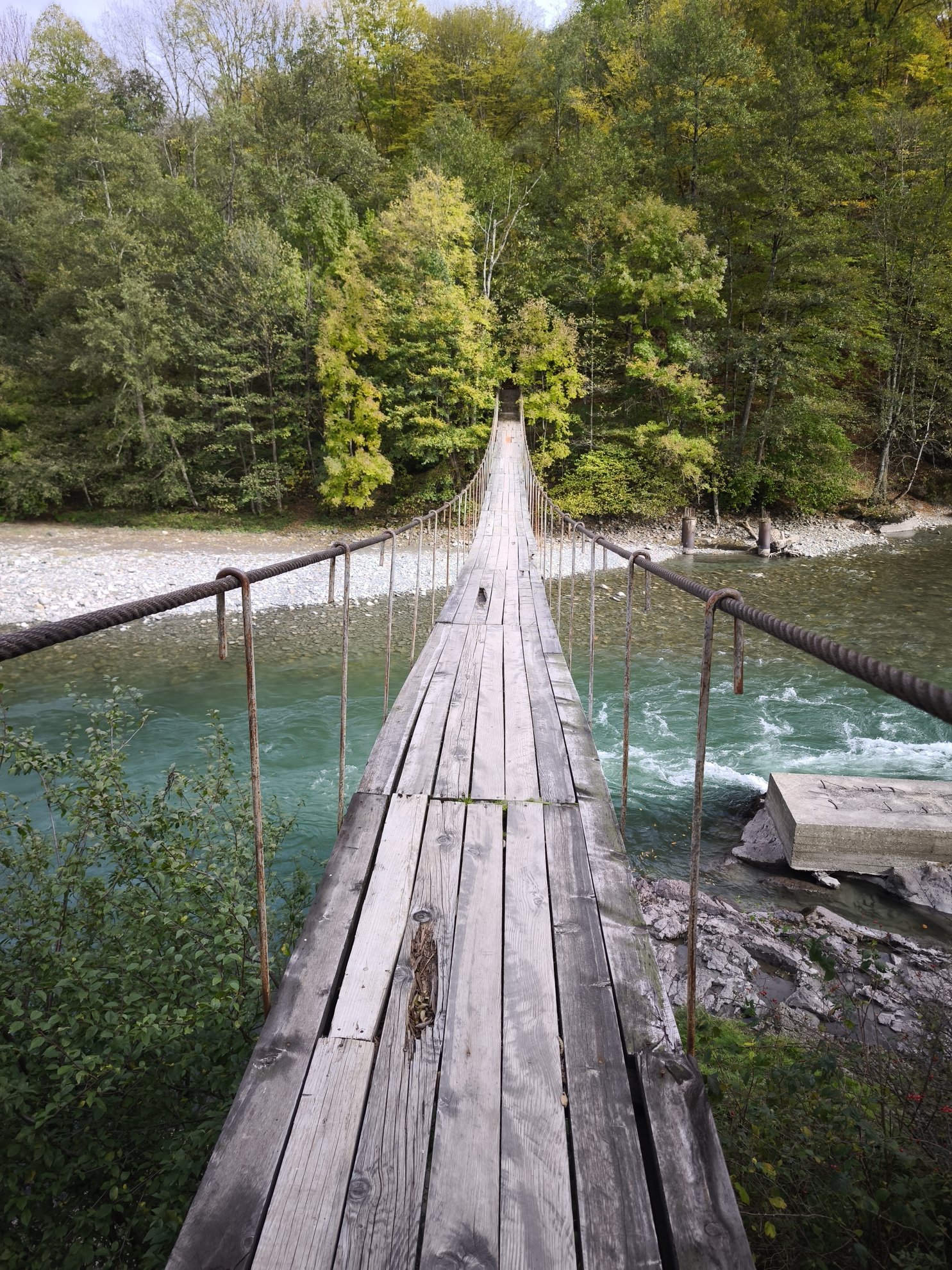 Perspective view of the wooden bridge crossing the river