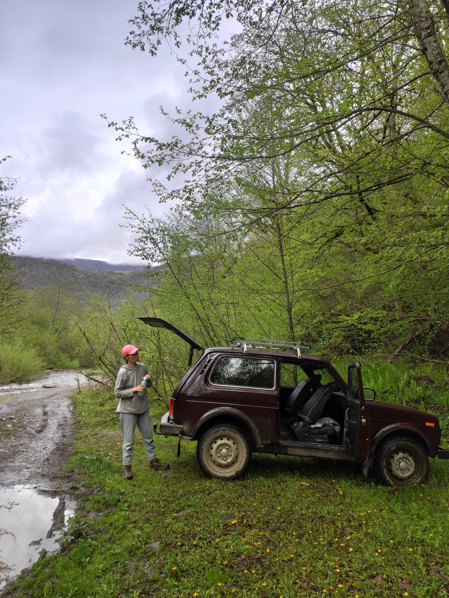 car parked on a dirt road near forest